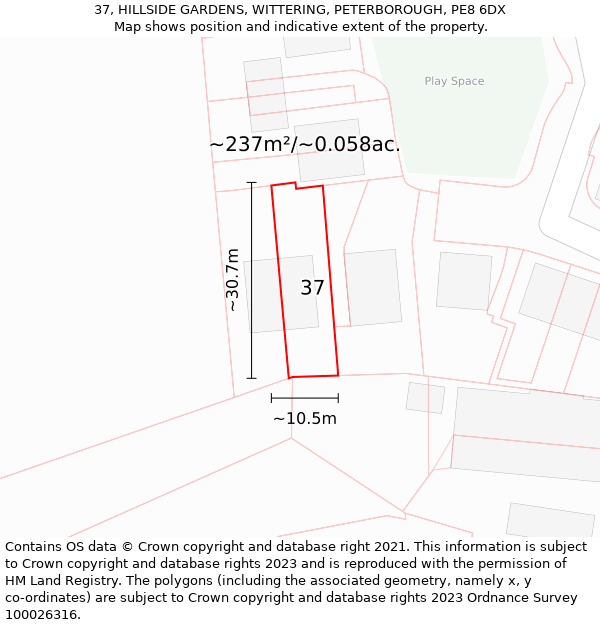 37, HILLSIDE GARDENS, WITTERING, PETERBOROUGH, PE8 6DX: Plot and title map