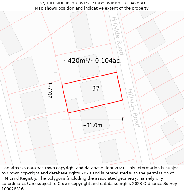 37, HILLSIDE ROAD, WEST KIRBY, WIRRAL, CH48 8BD: Plot and title map