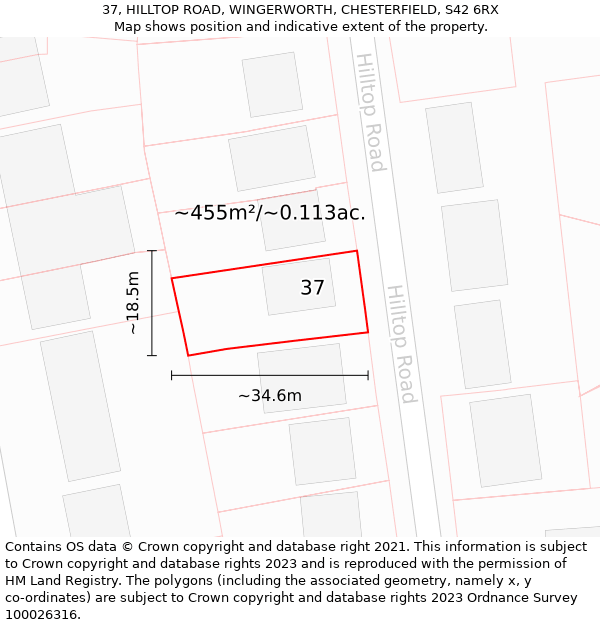 37, HILLTOP ROAD, WINGERWORTH, CHESTERFIELD, S42 6RX: Plot and title map