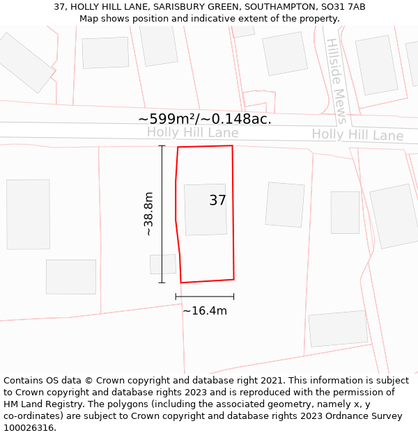 37, HOLLY HILL LANE, SARISBURY GREEN, SOUTHAMPTON, SO31 7AB: Plot and title map