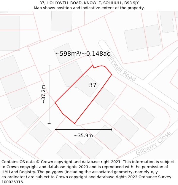 37, HOLLYWELL ROAD, KNOWLE, SOLIHULL, B93 9JY: Plot and title map