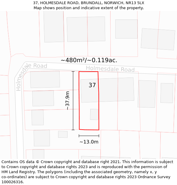 37, HOLMESDALE ROAD, BRUNDALL, NORWICH, NR13 5LX: Plot and title map