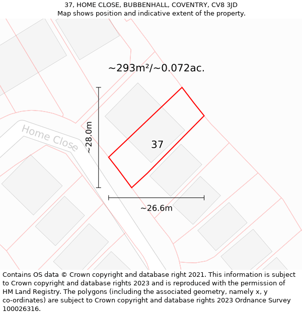 37, HOME CLOSE, BUBBENHALL, COVENTRY, CV8 3JD: Plot and title map