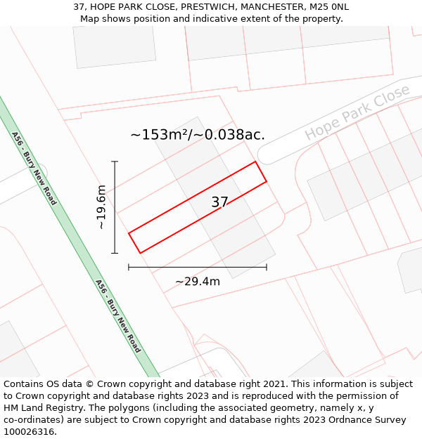 37, HOPE PARK CLOSE, PRESTWICH, MANCHESTER, M25 0NL: Plot and title map