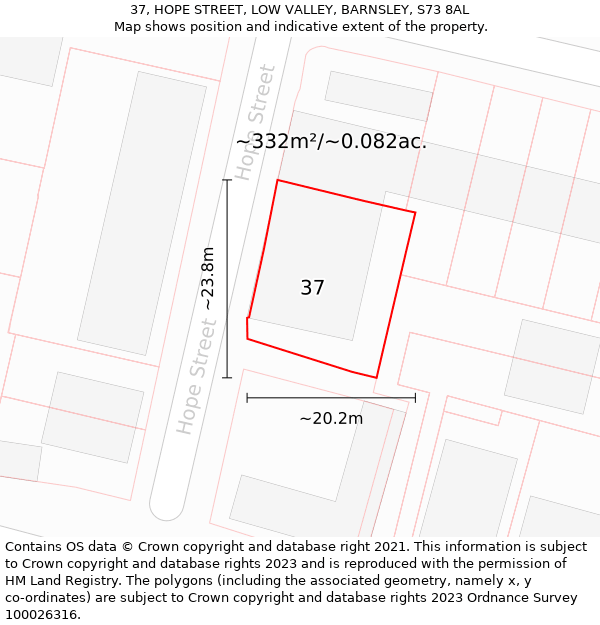 37, HOPE STREET, LOW VALLEY, BARNSLEY, S73 8AL: Plot and title map