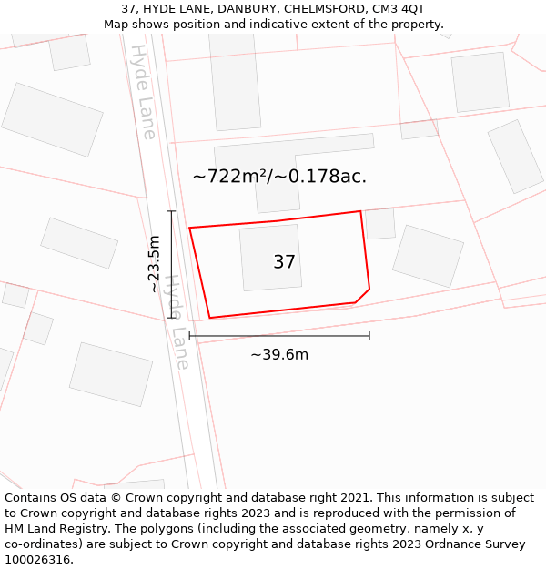 37, HYDE LANE, DANBURY, CHELMSFORD, CM3 4QT: Plot and title map