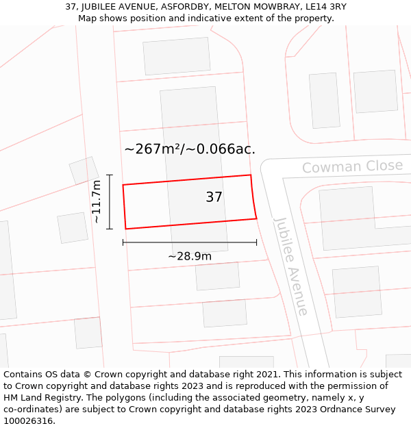 37, JUBILEE AVENUE, ASFORDBY, MELTON MOWBRAY, LE14 3RY: Plot and title map