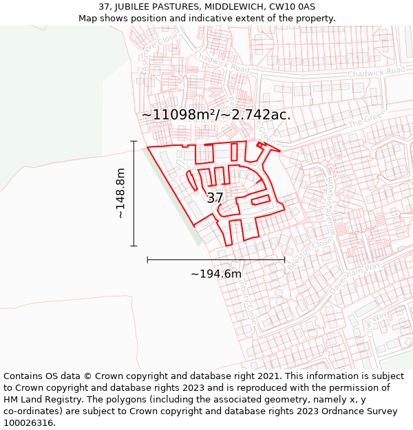 37, JUBILEE PASTURES, MIDDLEWICH, CW10 0AS: Plot and title map