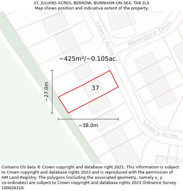 37, JULIANS ACRES, BERROW, BURNHAM-ON-SEA, TA8 2LX: Plot and title map