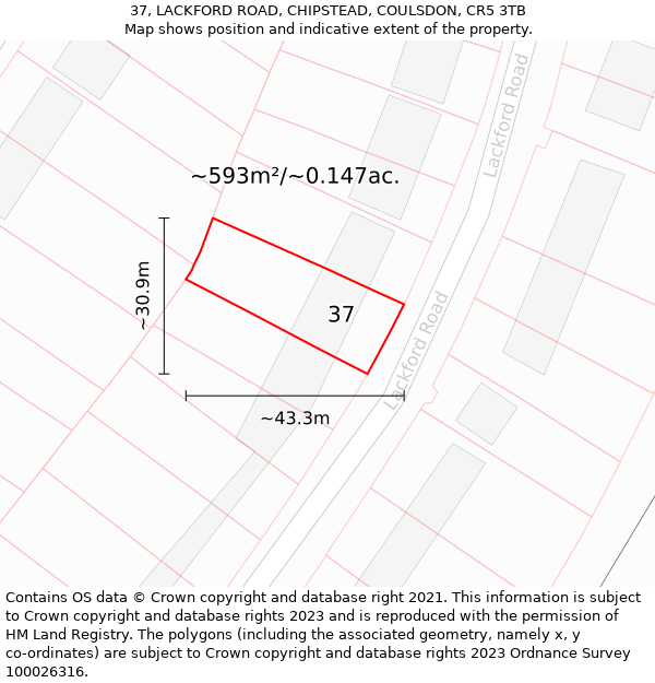 37, LACKFORD ROAD, CHIPSTEAD, COULSDON, CR5 3TB: Plot and title map