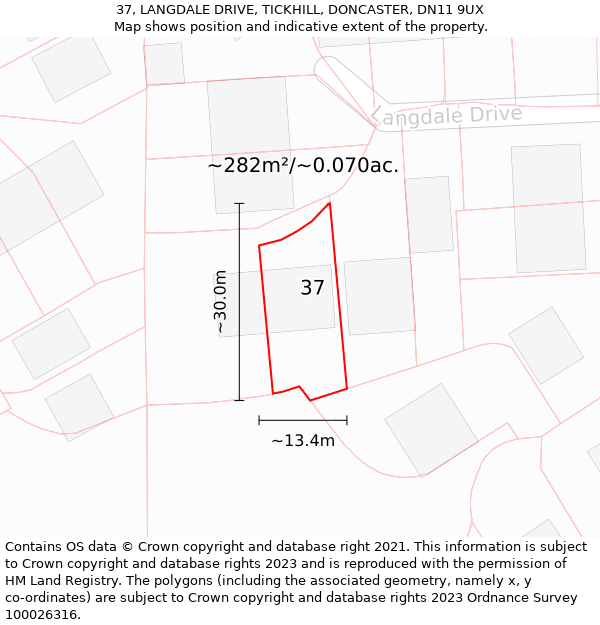 37, LANGDALE DRIVE, TICKHILL, DONCASTER, DN11 9UX: Plot and title map