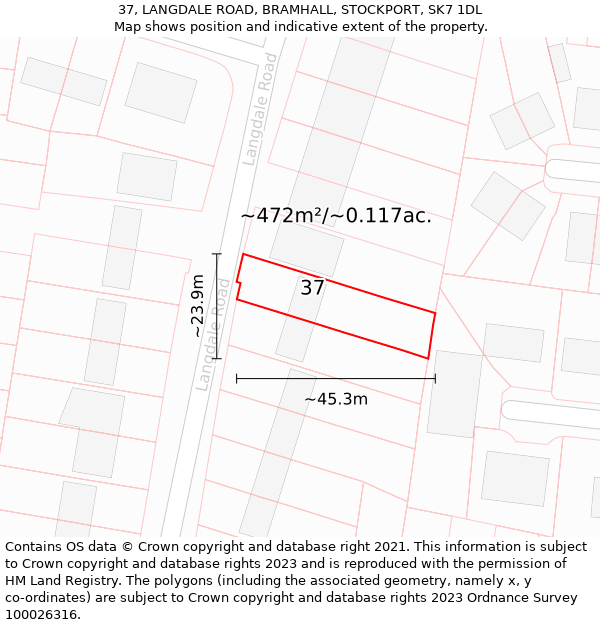 37, LANGDALE ROAD, BRAMHALL, STOCKPORT, SK7 1DL: Plot and title map