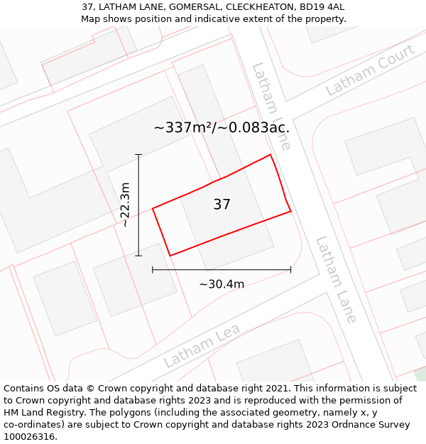 37, LATHAM LANE, GOMERSAL, CLECKHEATON, BD19 4AL: Plot and title map