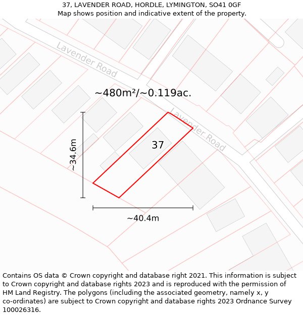 37, LAVENDER ROAD, HORDLE, LYMINGTON, SO41 0GF: Plot and title map