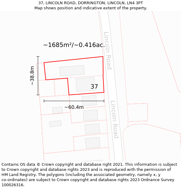 37, LINCOLN ROAD, DORRINGTON, LINCOLN, LN4 3PT: Plot and title map