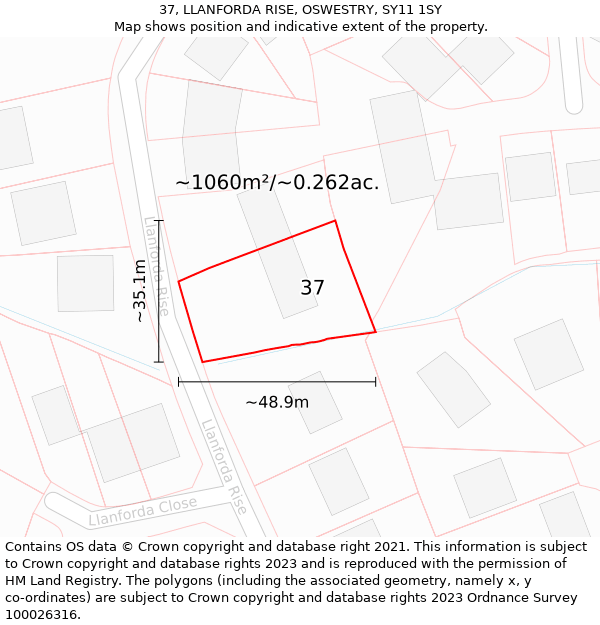 37, LLANFORDA RISE, OSWESTRY, SY11 1SY: Plot and title map