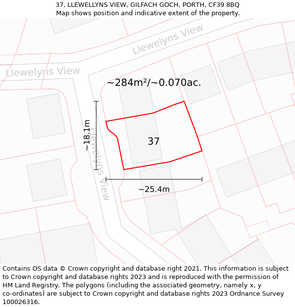 37, LLEWELLYNS VIEW, GILFACH GOCH, PORTH, CF39 8BQ: Plot and title map