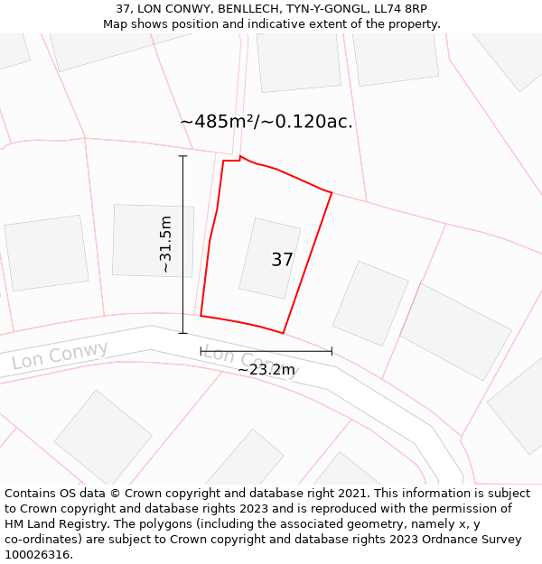 37, LON CONWY, BENLLECH, TYN-Y-GONGL, LL74 8RP: Plot and title map