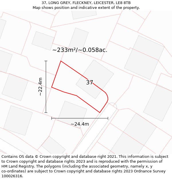 37, LONG GREY, FLECKNEY, LEICESTER, LE8 8TB: Plot and title map