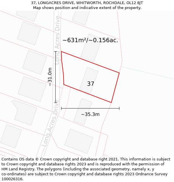 37, LONGACRES DRIVE, WHITWORTH, ROCHDALE, OL12 8JT: Plot and title map