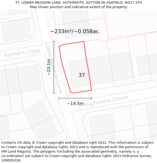 37, LOWER MEADOW LANE, HUTHWAITE, SUTTON-IN-ASHFIELD, NG17 2TH: Plot and title map