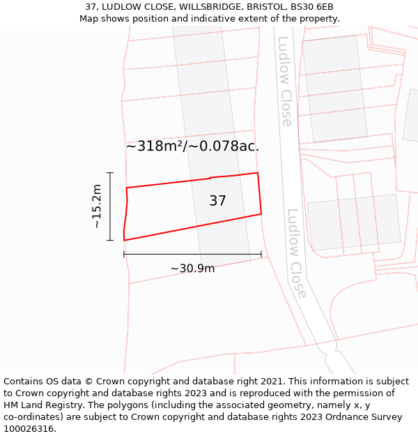 37, LUDLOW CLOSE, WILLSBRIDGE, BRISTOL, BS30 6EB: Plot and title map