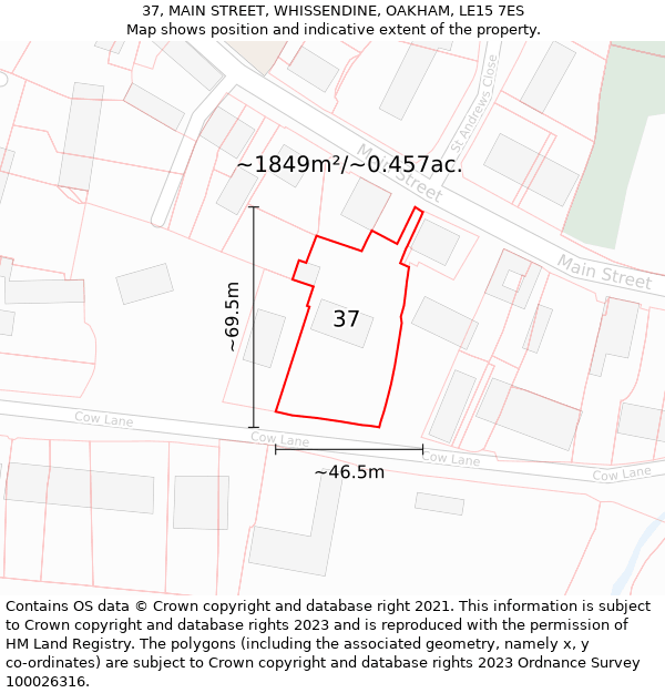 37, MAIN STREET, WHISSENDINE, OAKHAM, LE15 7ES: Plot and title map