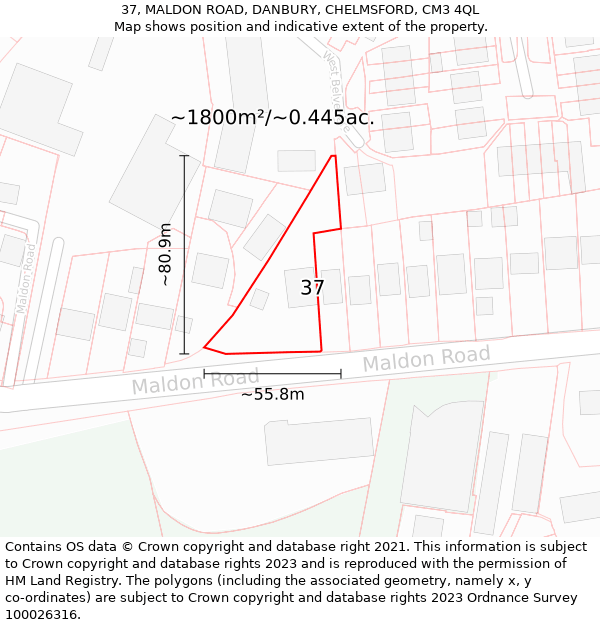 37, MALDON ROAD, DANBURY, CHELMSFORD, CM3 4QL: Plot and title map