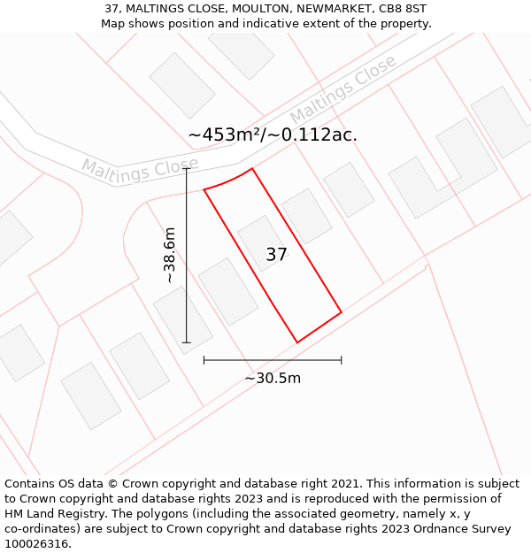 37, MALTINGS CLOSE, MOULTON, NEWMARKET, CB8 8ST: Plot and title map