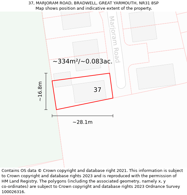 37, MARJORAM ROAD, BRADWELL, GREAT YARMOUTH, NR31 8SP: Plot and title map