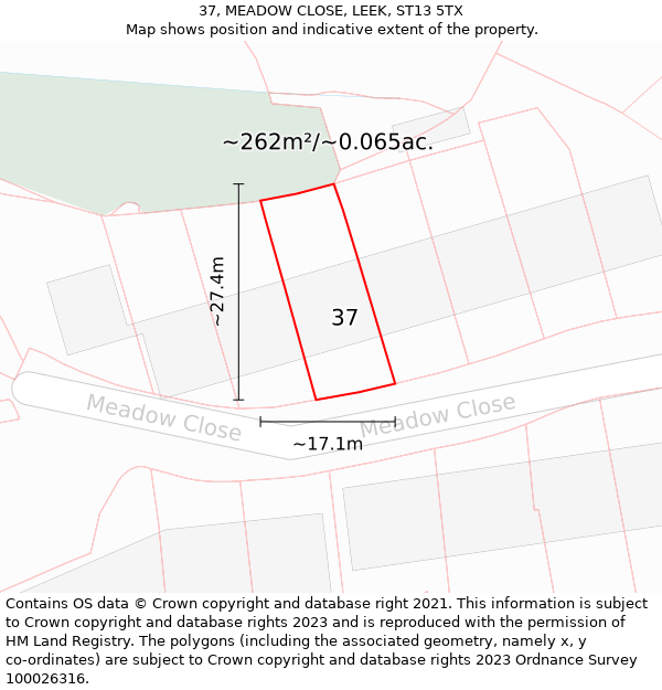 37, MEADOW CLOSE, LEEK, ST13 5TX: Plot and title map