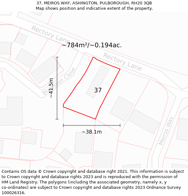 37, MEIROS WAY, ASHINGTON, PULBOROUGH, RH20 3QB: Plot and title map