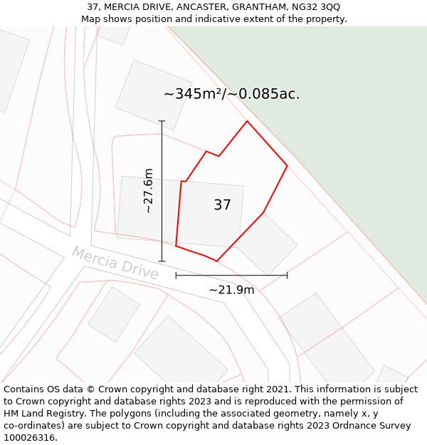 37, MERCIA DRIVE, ANCASTER, GRANTHAM, NG32 3QQ: Plot and title map