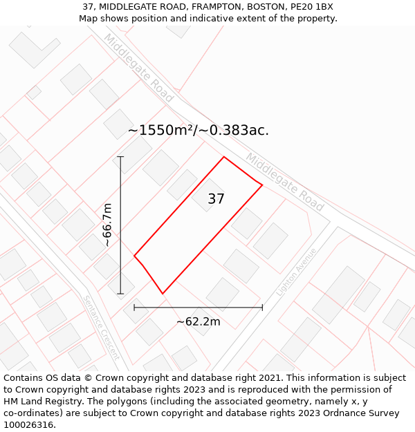 37, MIDDLEGATE ROAD, FRAMPTON, BOSTON, PE20 1BX: Plot and title map