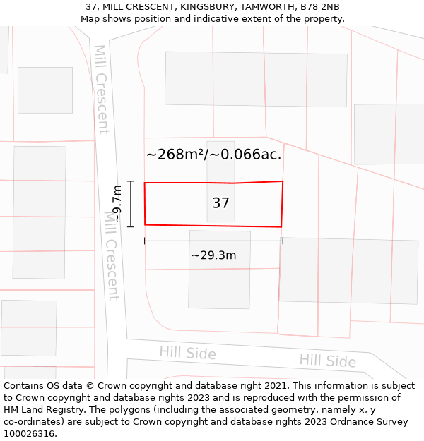 37, MILL CRESCENT, KINGSBURY, TAMWORTH, B78 2NB: Plot and title map