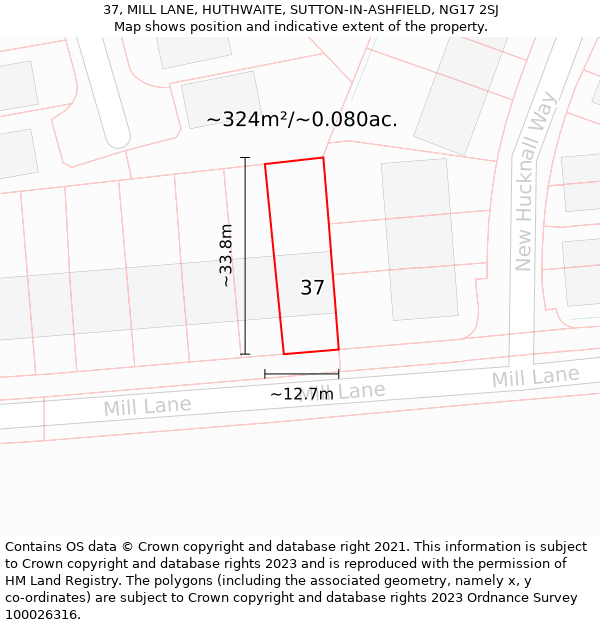 37, MILL LANE, HUTHWAITE, SUTTON-IN-ASHFIELD, NG17 2SJ: Plot and title map