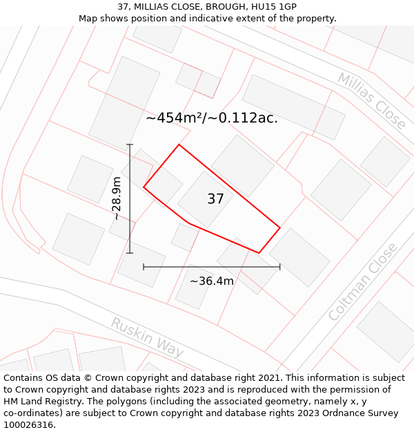 37, MILLIAS CLOSE, BROUGH, HU15 1GP: Plot and title map