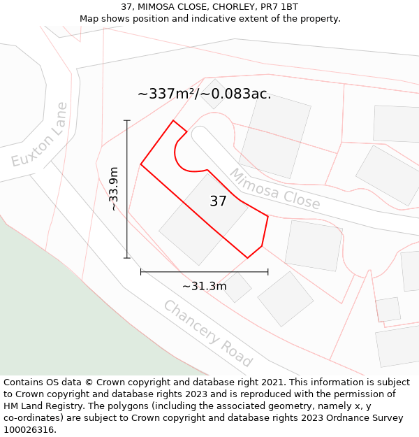 37, MIMOSA CLOSE, CHORLEY, PR7 1BT: Plot and title map