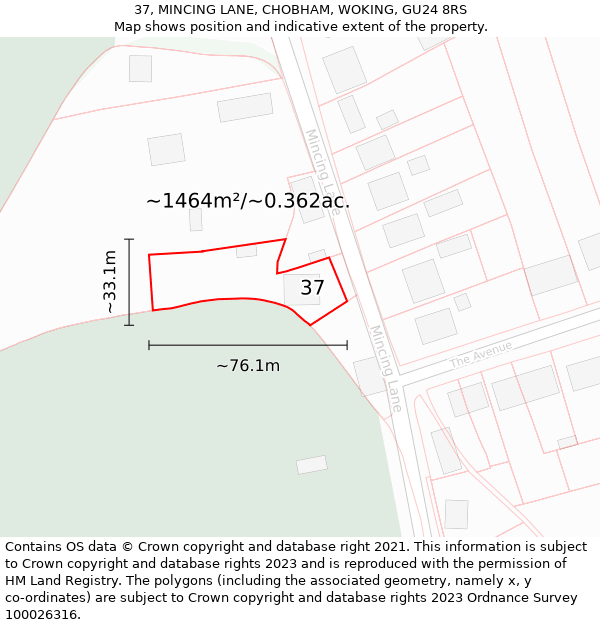 37, MINCING LANE, CHOBHAM, WOKING, GU24 8RS: Plot and title map