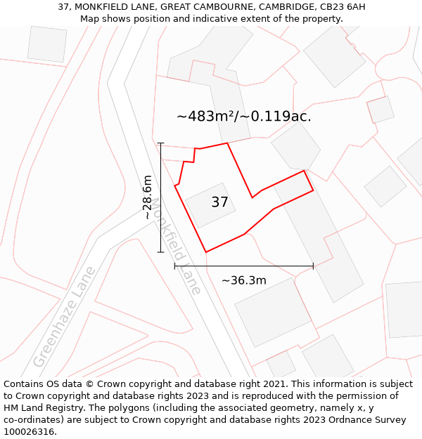 37, MONKFIELD LANE, GREAT CAMBOURNE, CAMBRIDGE, CB23 6AH: Plot and title map