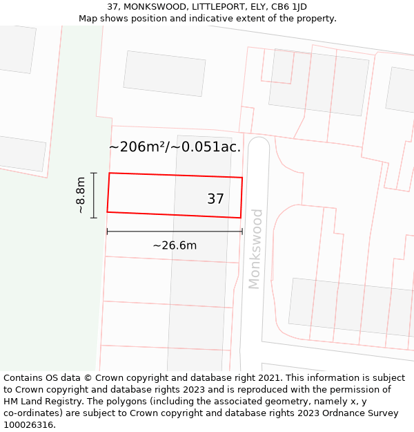 37, MONKSWOOD, LITTLEPORT, ELY, CB6 1JD: Plot and title map