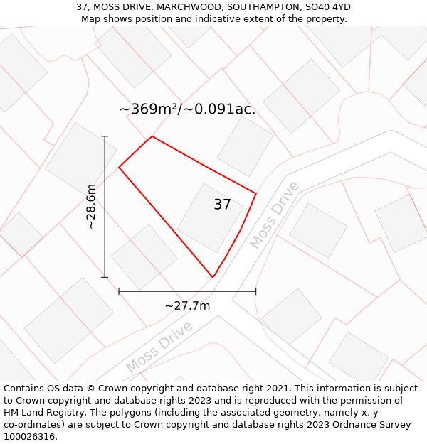 37, MOSS DRIVE, MARCHWOOD, SOUTHAMPTON, SO40 4YD: Plot and title map