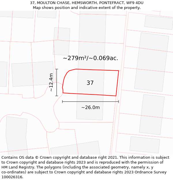 37, MOULTON CHASE, HEMSWORTH, PONTEFRACT, WF9 4DU: Plot and title map