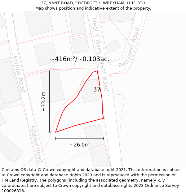 37, NANT ROAD, COEDPOETH, WREXHAM, LL11 3TH: Plot and title map