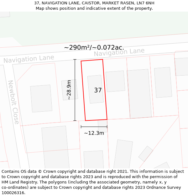 37, NAVIGATION LANE, CAISTOR, MARKET RASEN, LN7 6NH: Plot and title map