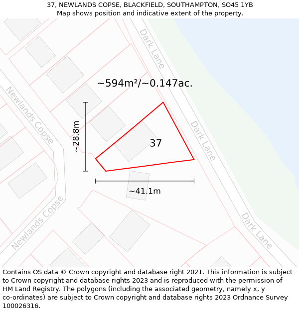 37, NEWLANDS COPSE, BLACKFIELD, SOUTHAMPTON, SO45 1YB: Plot and title map