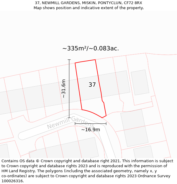 37, NEWMILL GARDENS, MISKIN, PONTYCLUN, CF72 8RX: Plot and title map