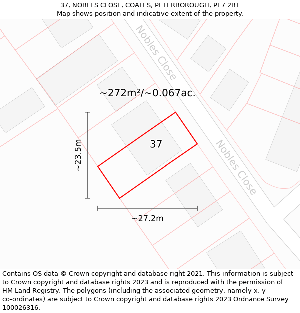 37, NOBLES CLOSE, COATES, PETERBOROUGH, PE7 2BT: Plot and title map