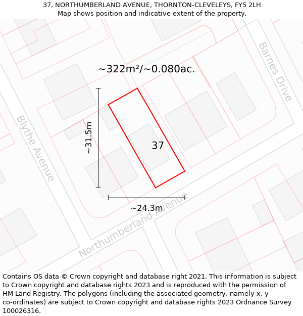 37, NORTHUMBERLAND AVENUE, THORNTON-CLEVELEYS, FY5 2LH: Plot and title map