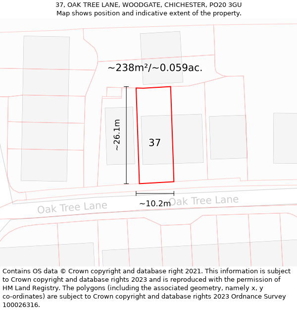 37, OAK TREE LANE, WOODGATE, CHICHESTER, PO20 3GU: Plot and title map